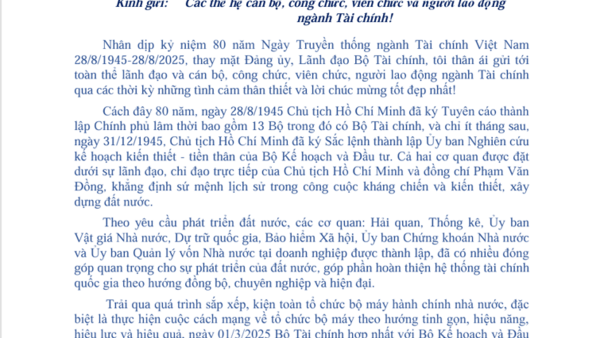 Bộ trưởng Bộ Tài chính Nguyễn Văn Thắng gửi Thư Chúc mừng kỷ niệm 80 năm ngày truyền thống ngành Tài chính