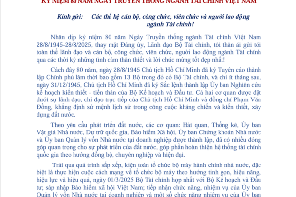 Bộ trưởng Bộ Tài chính Nguyễn Văn Thắng gửi Thư Chúc mừng kỷ niệm 80 năm ngày truyền thống ngành Tài chính